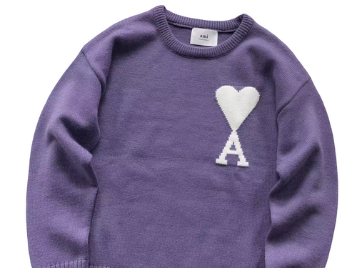 AMI Paris Maxi White Heart Knit Sweater Purple