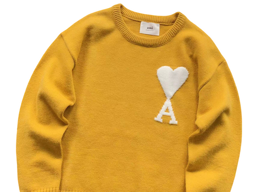 AMI Paris Maxi White Heart Knit Sweater Yellow